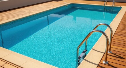 Swimming Pool with Clear Blue Water and Wooden Decking on a Sunny Day
