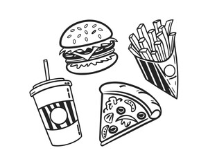 Line Art Illustration of Fast Food Items Including Burger Fries Pizza and Soda Drink Perfect for Menu Design and Black and White Graphics