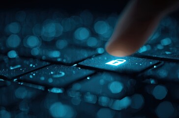 Close-up of a finger pressing a glowing lock key on a laptop keyboard in a dark, blurred background