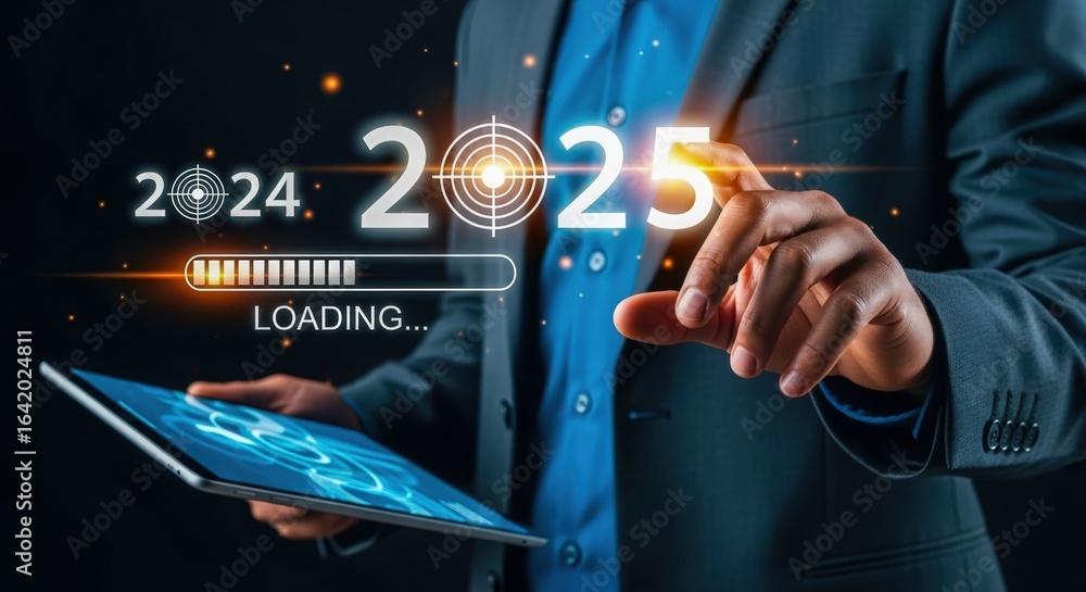 Poster conceptual image of technology progressing towards 2025 with businessman holding tablet displaying l