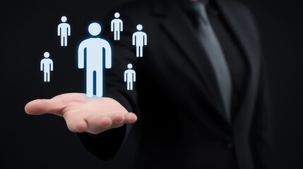 A businessman holds a human icon in his hand with a group of people icons on a black background, symbolizing employee selection and the leadership concept of choosing the right candidate.