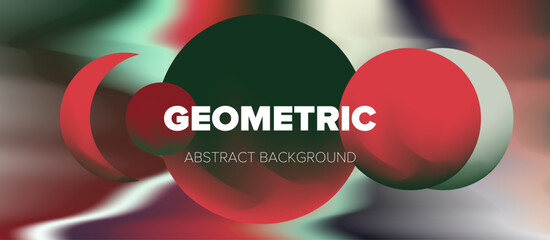 Vector illustration in modern abstract geometric style featuring overlapping circles and bold shapes. Dominant colors are red, white, black, and mint green with smooth gradients and soft edges.