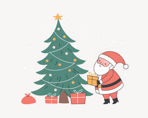 Merry Christmas Santa Claus Delivering Gifts around Christmas Tree Festive Holiday Season Joyful Celebration Illustration