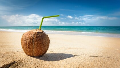 a single coconut with a straw sits on a sandy beach