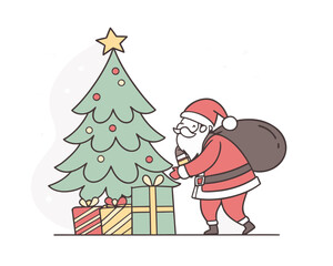 Santa Claus placing presents under Christmas Tree Holiday Celebration Festive Season and Giving Gifts with Festive Spirit