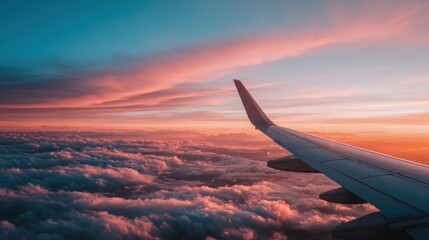 Obraz premium Aerial View of Airplane Wing Flying Above the Clouds at Sunset with Beautiful Light