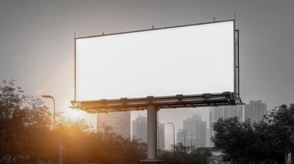 Fototapeta premium Blank Billboard Against Cityscape with Sun Flare, Ideal for Advertising Mockups and Outdoor Campaigns