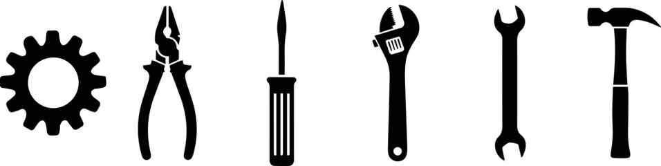 Collection of various hand tool silhouettes isolated on transparent background