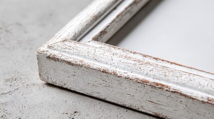 Rustic White Wooden Picture Frame Corner Detail on Textured Gray Surface, Close Up