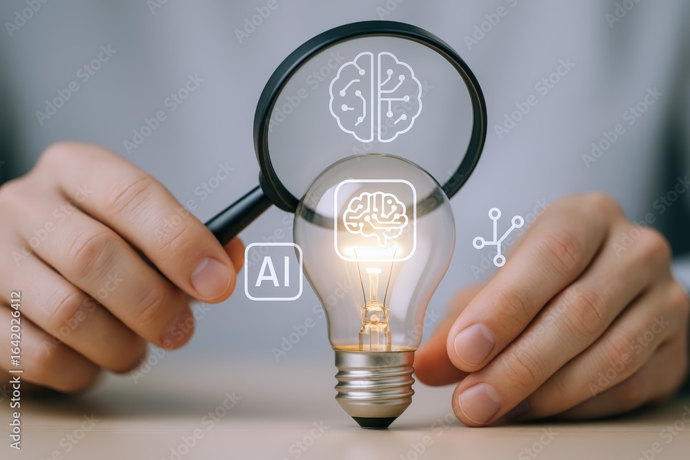 Poster artificial intelligence innovation: hands holding lightbulb with ai brain icon under magnifying glas