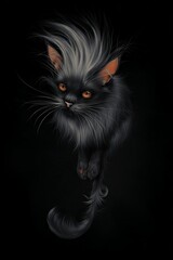 Black cat with striking gray fur and intense orange eyes on black background  