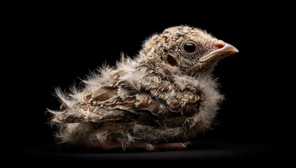 Small fledgling bird with fluffy brown feathers poses against a black background