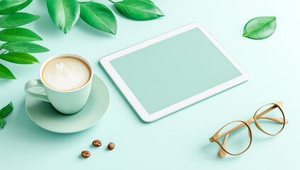 Relaxing Workplace Setting with Coffee Tablet and Greenery for Productivity and Creativity Inspiration