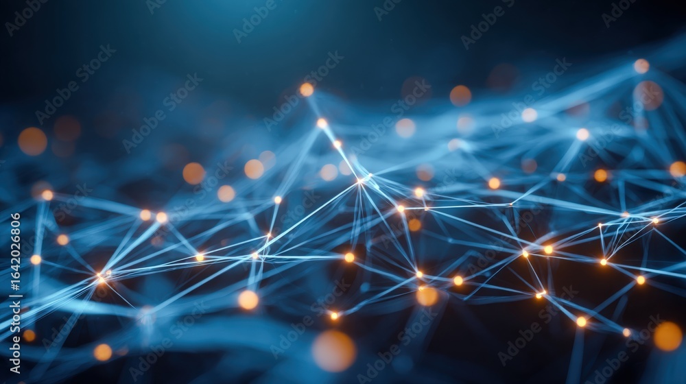 Poster abstract network connection with glowing nodes, illustrating data transmission and modern technology
