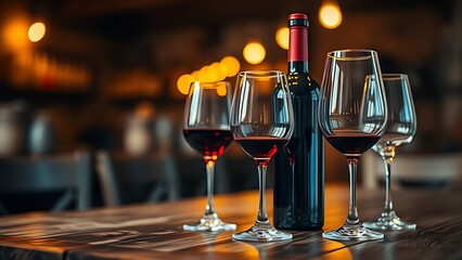Red wine bottle and glasses on a rustic wooden table, surrounded by warm ambient lighting.