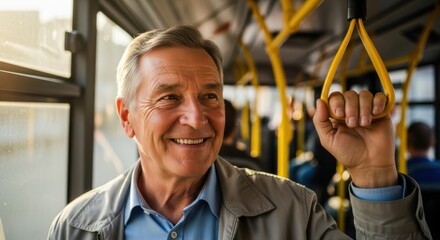 Smiling senior man holding onto a yellow handle on a public bus