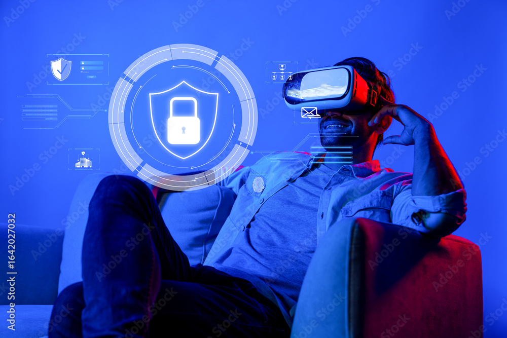 Poster a man enjoying a virtual reality headset while surrounded by visual elements symbolizing cyber secur