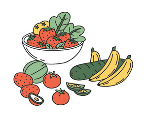 Colorful and Healthy Fruit and Vegetable Still Life for Nutrition and Balanced Diet Concepts Great for Healthy Living Illustrations