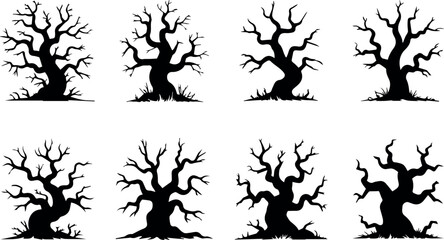 Bare tree silhouette with no leaves isolated on transparent background