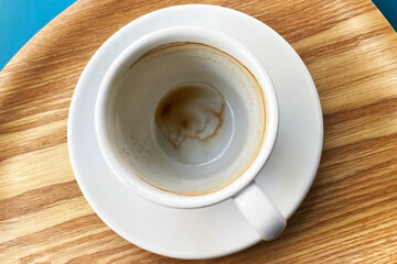 Empty Coffee Cup on Saucer and Wooden Tray