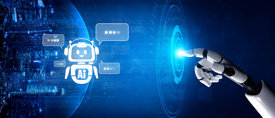 Fototapeta premium AI Virtual Assistant Artificial Intelligence Chatbot Controlled by Prompt Engineering for Explainable Generative AI information and LLM Deep Learning Technology for Smart Business Work Support. Vouch