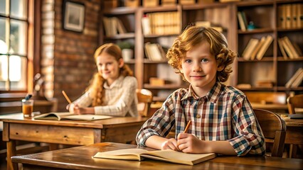 A happy young boy with curly red hair smiles at the camera while studying at his desk in a vintage classroom with bookshelves