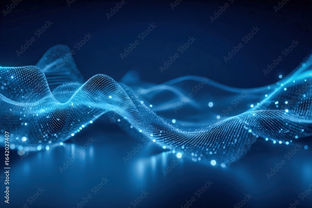 Poster abstract data wave visualisation with glowing particle mesh for technological backgrounds and future