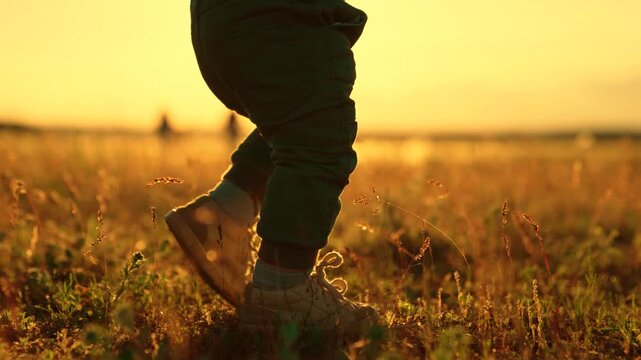 Baby feet stepping on grass in sunset park. Cute baby walking with mom on lawn in sun rays. Baby learning to walk with dad holding boy hand. Mom supporting baby taking first steps in park holding hand