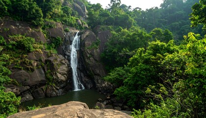 Waterfall cascading down rocks in lush jungle