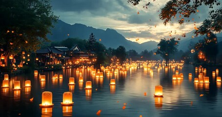 Floating lanterns illuminate a serene river at sunset, casting a warm glow on the surrounding landscape. - Powered by Adobe