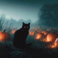 halloween background with pumpkin Black cat with glowing eyes sitting on pumpkin patch in foggy night