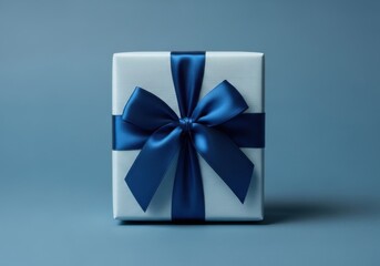 A white gift box with a blue striped ribbon and bow, presented as a special surprise for a birthday, holiday, or any celebratory occasion