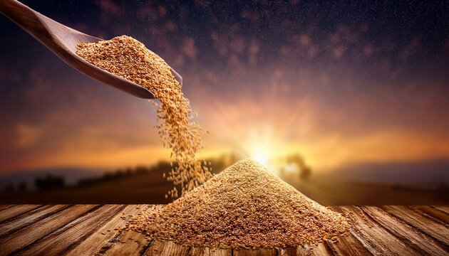 a handful of bajri being poured onto a wooden table under a glowing sky