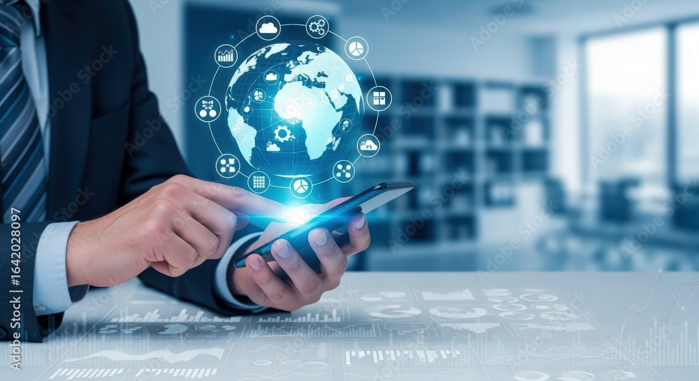 Poster global business and technology concept: businessman using smartphone with digital globe interface an