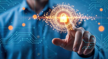 Data Protection Concept: Man Touching Digital Padlock Icon For Cybersecurity on Blue Circuit Background