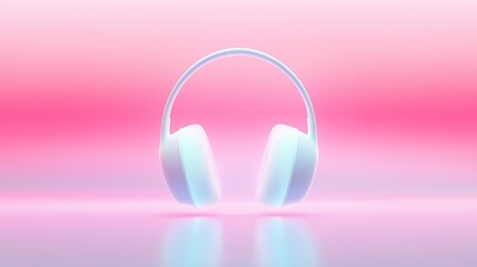 A pair of white headphones against a soft pink and blue gradient background, ideal for music and technology themes, ideal for advertising, marketing, website backgrounds, banners