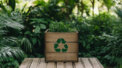 A wooden planter box with a recycling symbol filled with green plants, set against a lush green background, ideal for promoting eco-friendly gardening, ideal for advertising, marketing