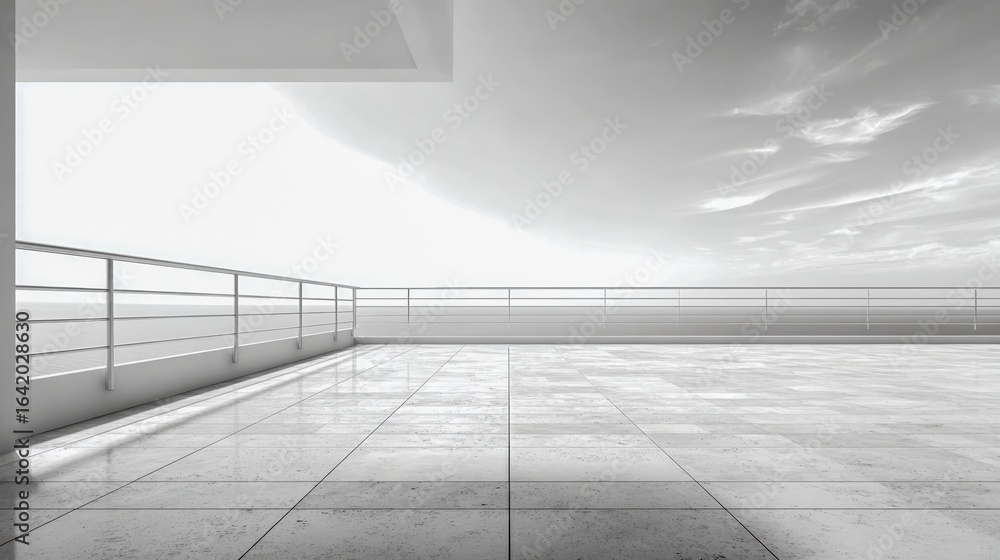 Poster minimalist white balcony overlooking cloudy sky, modern architecture design with clean lines and ope