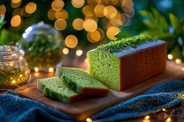 Pandan chiffon cake displayed at a garden party, illuminated by soft lights, with slices cut and surrounded by greenery, creating a delightful evening atmosphere