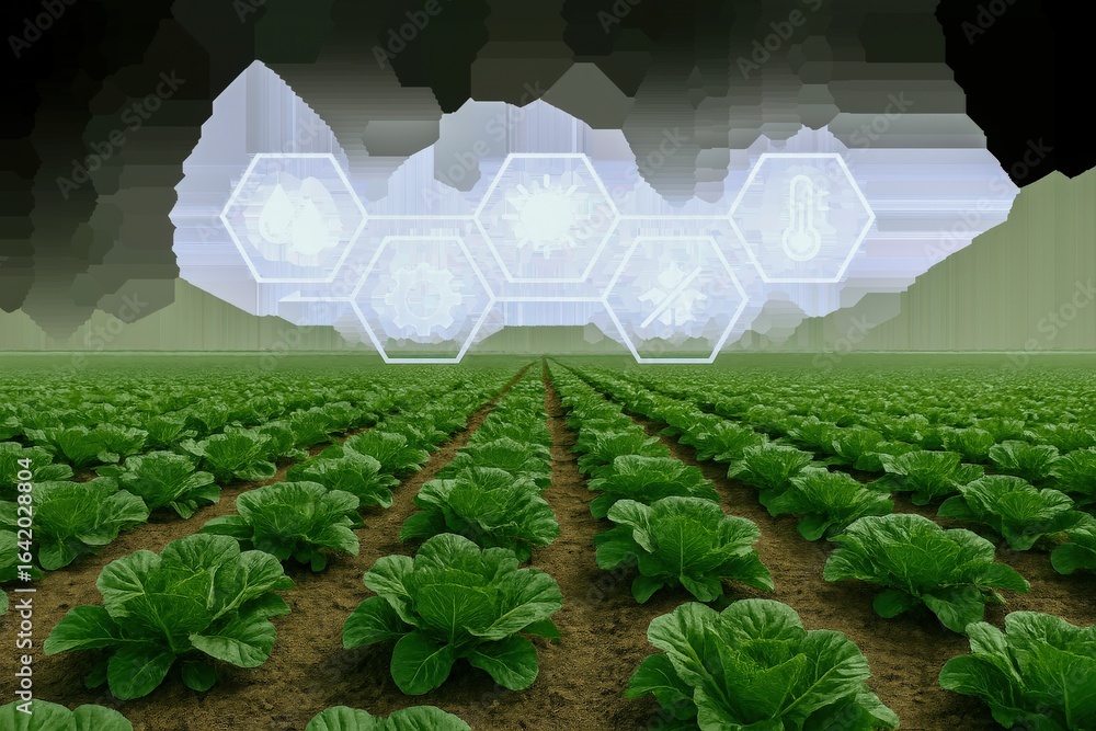 Poster cabbage field monitoring with environmental control icons displaying technology and agriculture symb