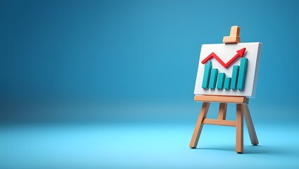 whiteboard easel with descending red bar graph chart arrow down 3d illustration. Crisis, global recession, tariffs effect concept