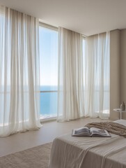 Modern bedroom interior with large windows and ocean view  