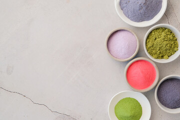 assortment of various powder matcha tea