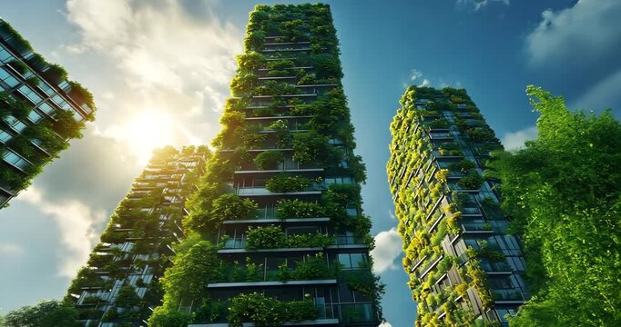 Green skyscrapers covered in lush vegetation, promoting sustainable urban living and eco-friendly architecture.