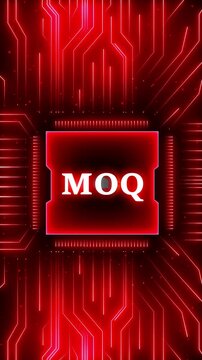 MOQ &ndash; Minimum Order Quantity. MOQ concept head up display (HUD UI) panel and futuristic technology. Digital Data moving on Circuit Board and CPU . Computer Processing and organizing data.