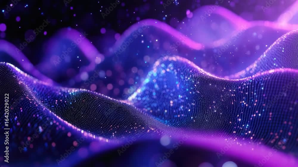 Poster digital representing a neural network's data stream as flowing, colorful waves through the cyberneti