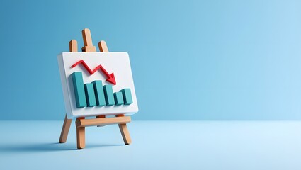 whiteboard easel with descending red bar graph chart arrow down 3d illustration. Crisis, global recession, tariffs effect concept