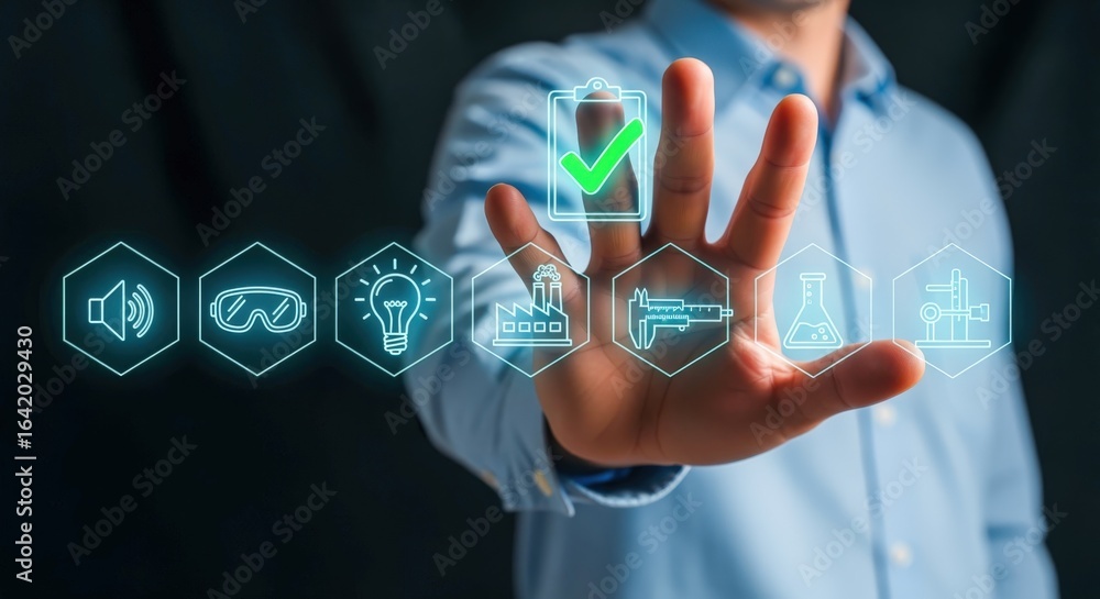 Poster quality control process: man interacting with digital interface displaying manufacturing and enginee