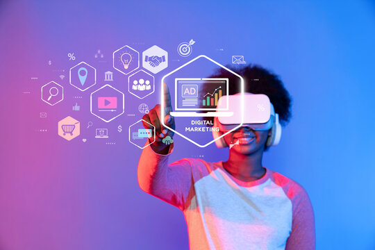 A vibrant image depicting a person wearing a virtual reality headset, interacting with digital marketing elements, illustrating the future of customer engagement and content creation. XDMCP - Powered by Adobe