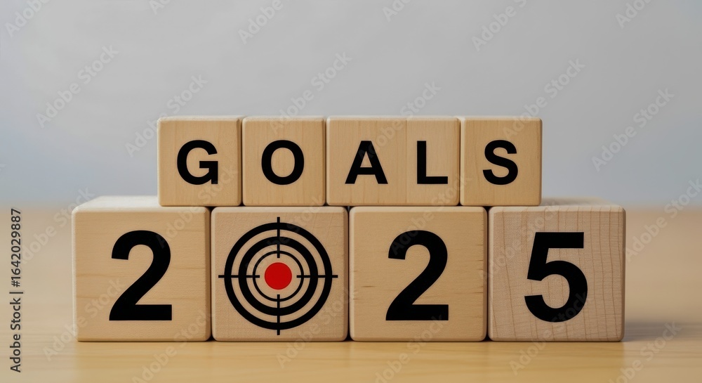 Poster setting goals for 2025: conceptual image with wooden blocks featuring a target symbol on wooden tabl